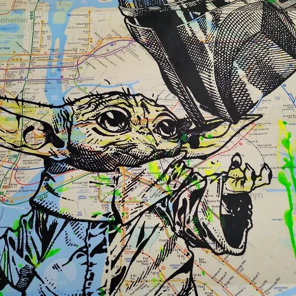 Handpainted Star Wars Mandalorian & Baby Yoda Grogu Acrylic paint on NYC Map - Picture 3 of 5
